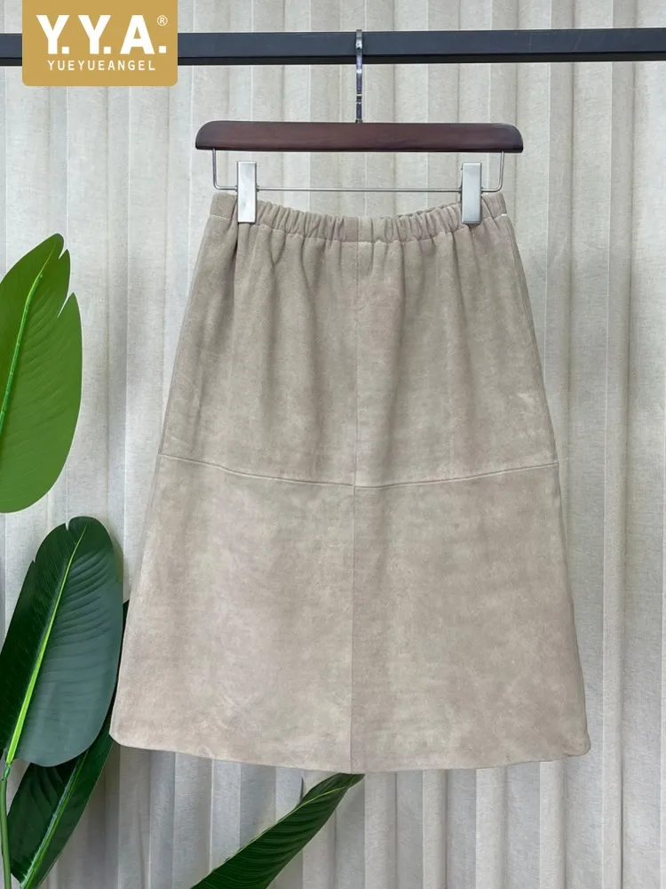 Vintage Women Autumn 100% Real Suede Leather Skirt High Waist Back Split Knee Length Skirts Elegant Ladies Soft Leather Skirts