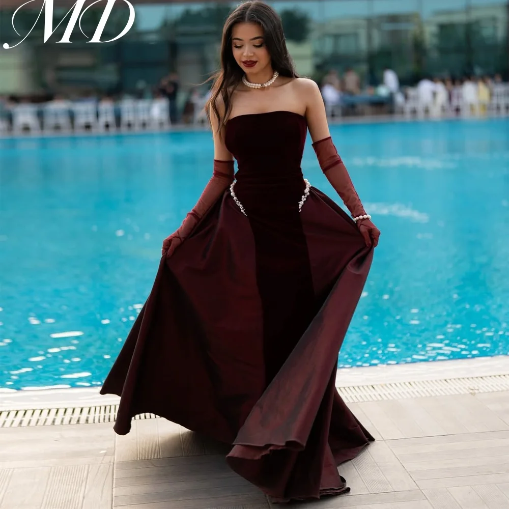 MD Elegnat Velvet A-line Evening Gown Sleeveless Wine Red Pearl Stain Special occasion Dress vestidos de fiesta customised 2025