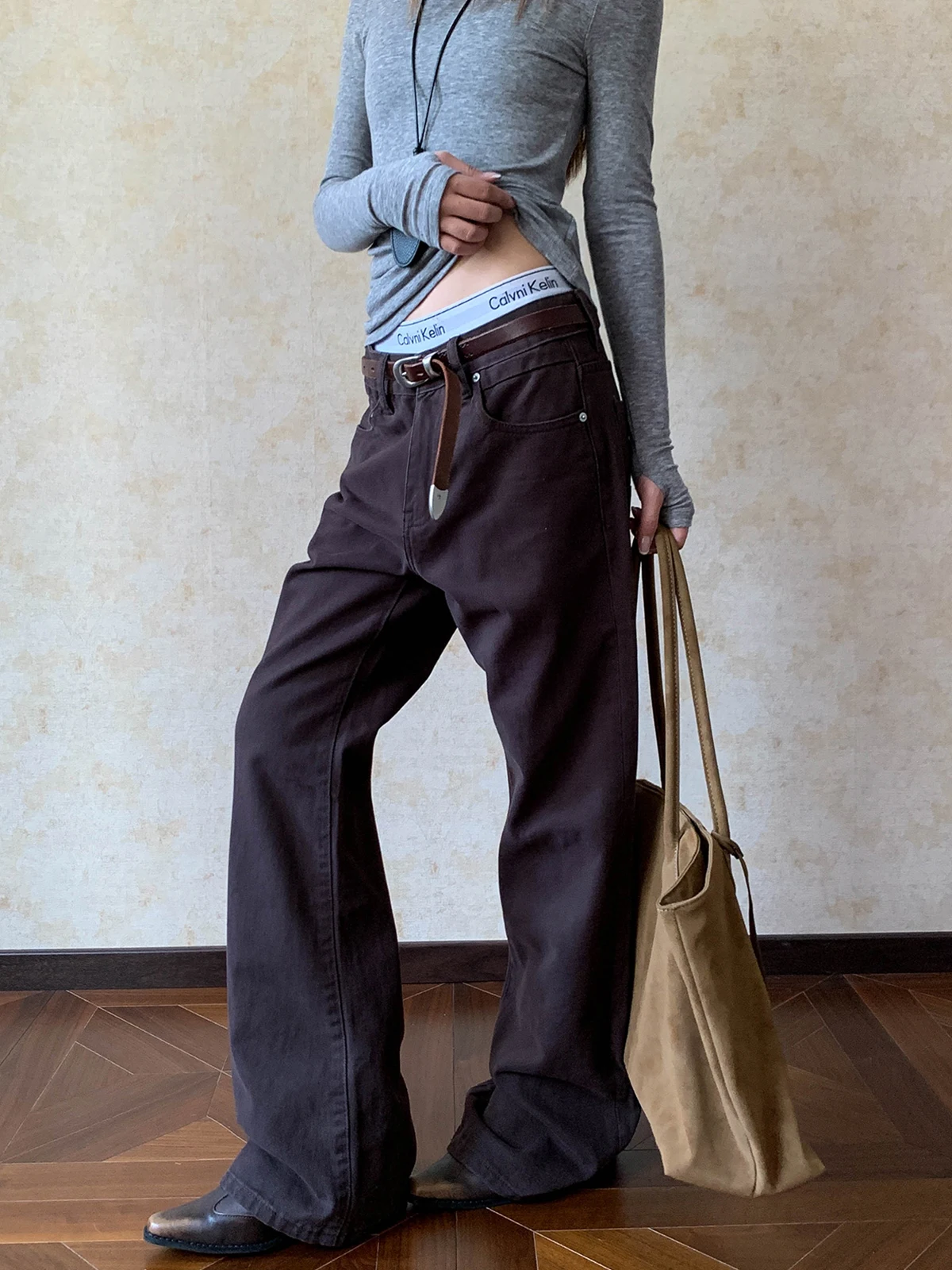 

Женские рабочие брюки-клеш Aket коричневого цвета, облегающие, повседневные, дышащие, удобные, из хлопка, джинсовые