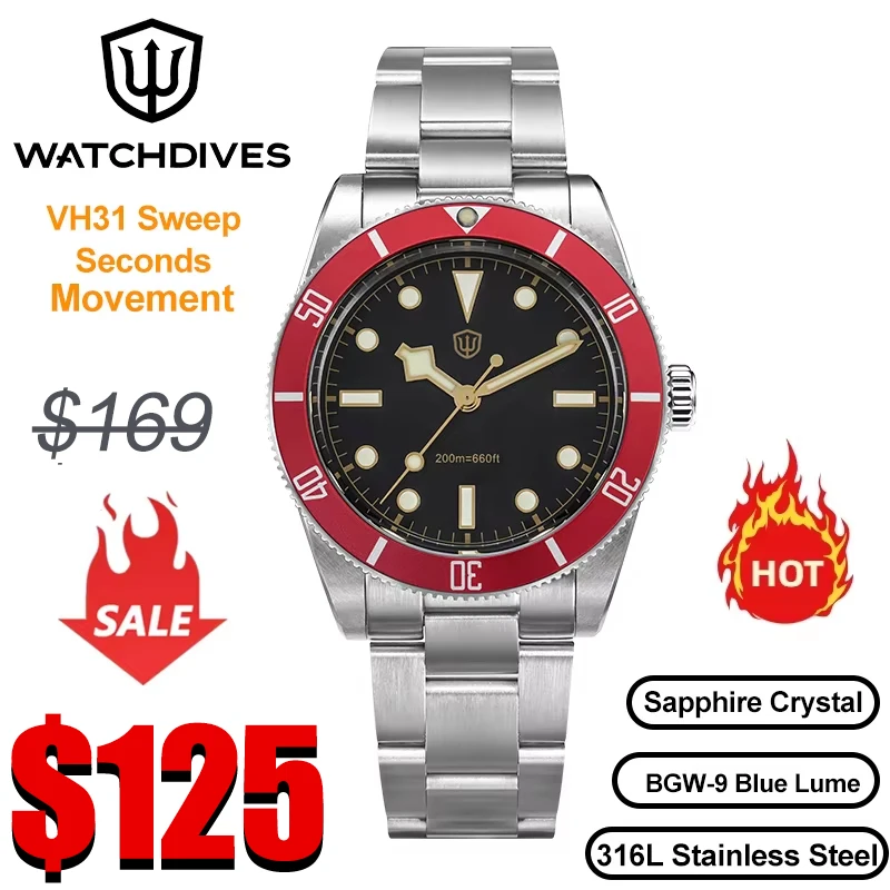 Watchdives WD7922 V2 BB54 Watch VH31 Sweep Second Movement Sapphire Crystal 20bar Waterproof C3 Luminous 37mm Vintage Watches