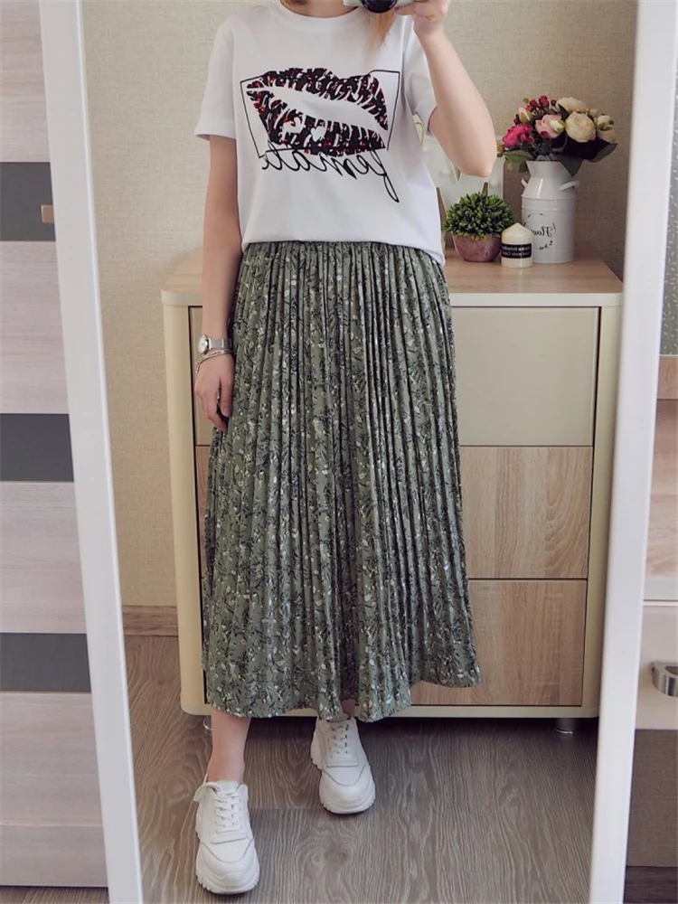 REALEFT Summer New 2022 Vintage Floral Print Tulle Pleated Women's Mi-Long Skirts Chiffon High Waist Loose Female Umbrella Skirt