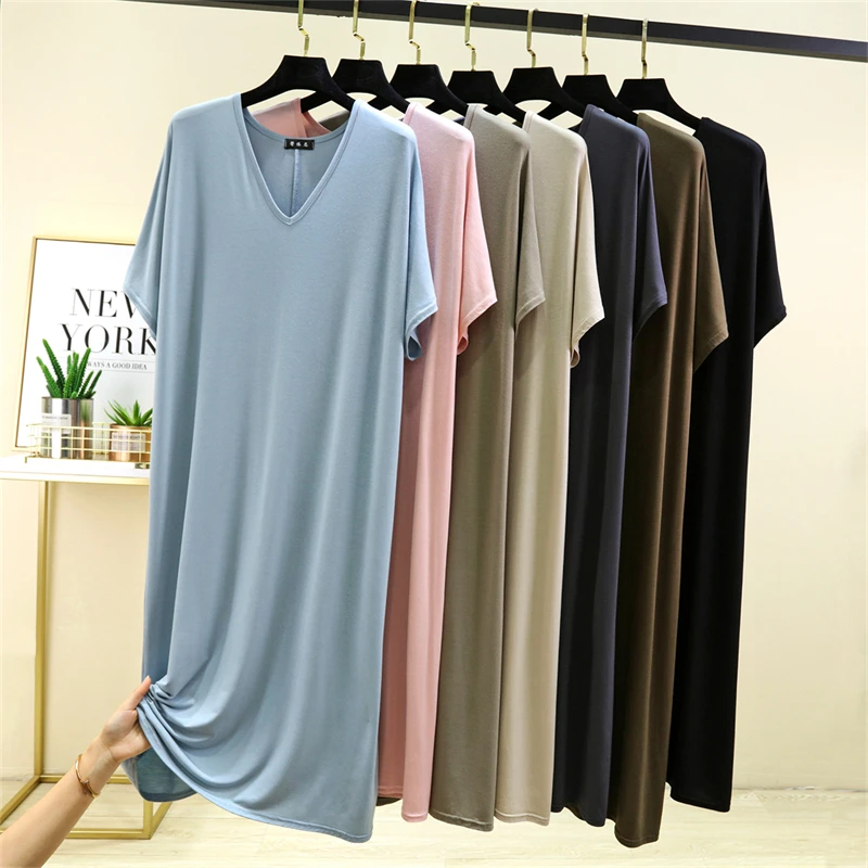 

Loose V-Neck Midi Dress Short Sleeve Modal Summer Sleepwear Women plus Size Casual Home Clothes Thin Dress Home Comfort