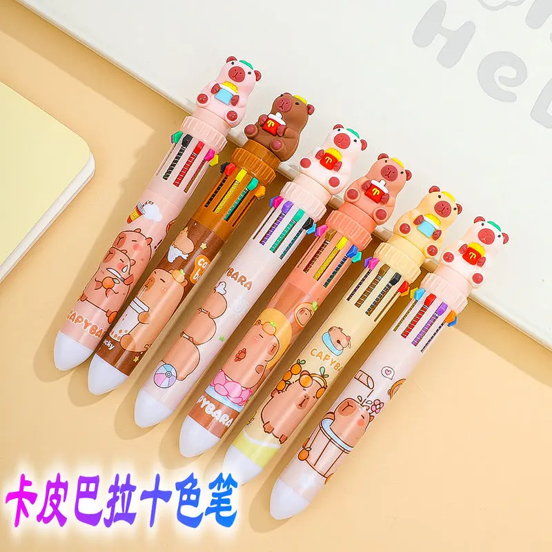 

12 шт., оптовая продажа, десятицветная шариковая ручка Capybara Fast Food, многоцветная ручка-пресс, письменные принадлежности для студентов