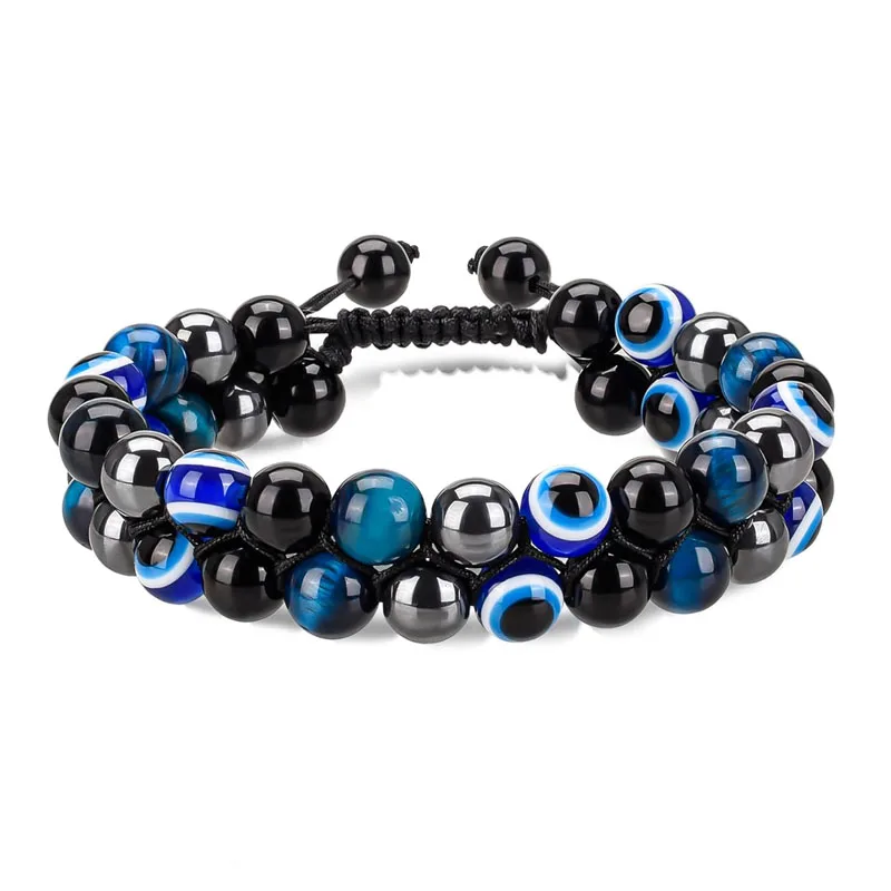 Triple Protection Bracelet for Men Women 8MM Black Obsidian Evil Eye Tigers Eye Hematite Natural Stone Healing Bead Bracelets Gi