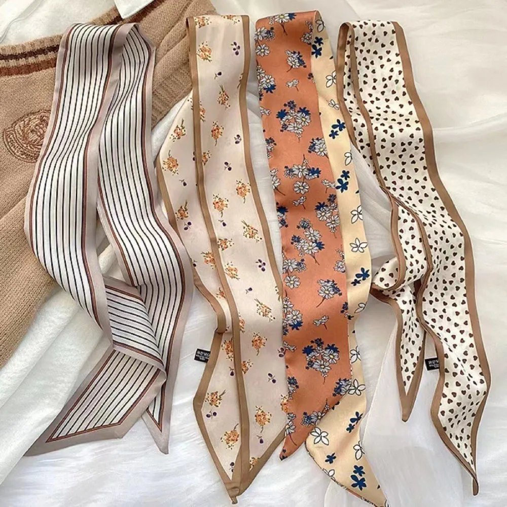 

1/4pcs New Silk Feel Skinny Silk Scarf Foulard Ribbon Scarves Hair Accessories Bag Wrist Bandana Floral Scarf Women Spring