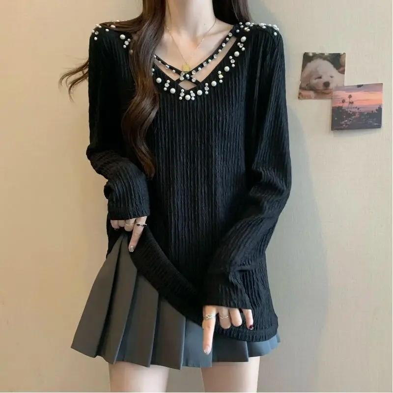 

V Neck Loose Simplicity Street Casual Tops Long Sleeve Solid Fashion T Shirt Tops Spring Autumn Lazy Style Korean Women Clothing