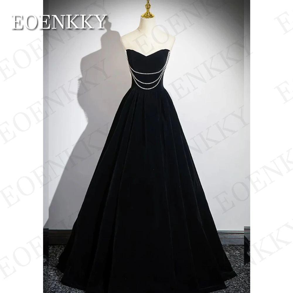 Off The Shoulder Prom Dress Princess Black Velour Korea Sweetheart Neck A Line Formal Evening Party Gown Floor Length 이브닝드레스