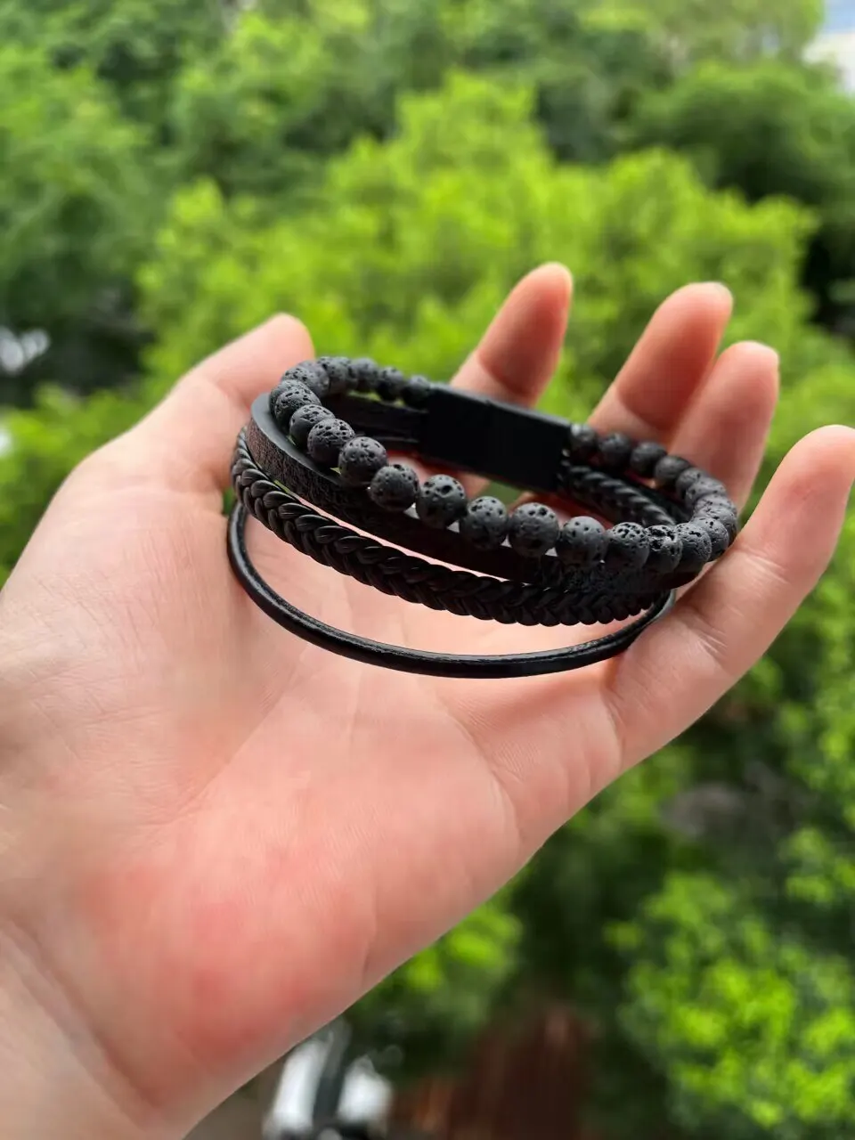 Fashion Volcanic Stone Beaded Bracelet Mutilayer Braided Leather Bracelet For Men Stainless Steel Magnetic Bangle Jewelry Gift