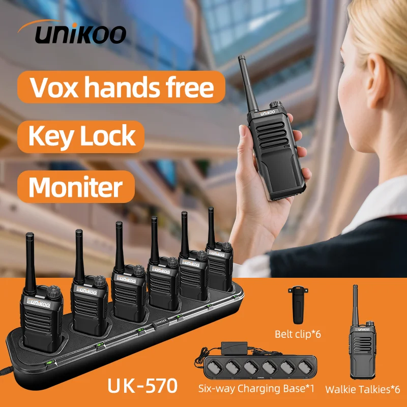

6 PCS UNKIOO UK570 Walkie Talkie Portable Long Range Channel 16 USB Ham Two Way Radio for Hotel Restaurant Hunting