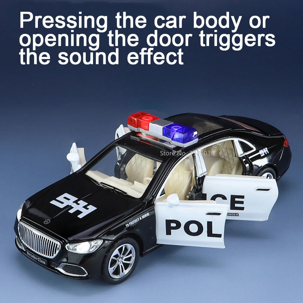 Scale 1:32 Mercedes-Benz S680 Police Car Model Toy Alloy Diecast Doors Opened Sound Light Pull Back Models Collection Kids Gifts