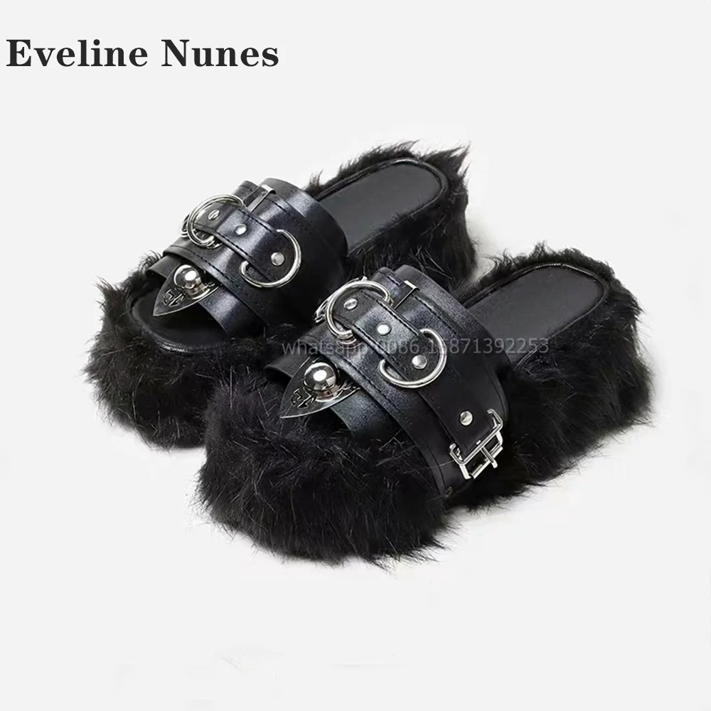 

Furry Fur Metal Decoration Slides Open Toe Height Increasing Belt Buckle Slip On Shallow Women Slippers Punk Retro Casual Shoes