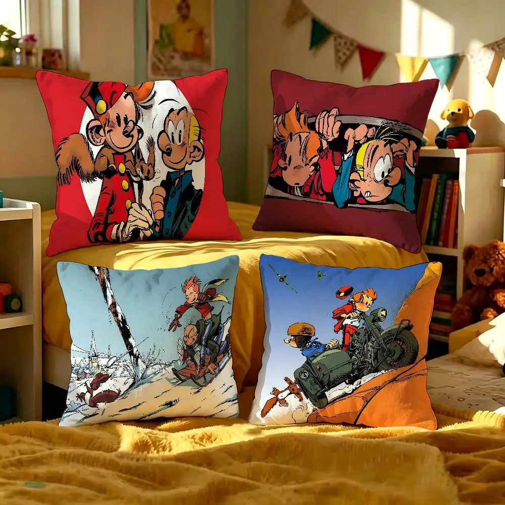 Funda de almohada decorativa con diseño de cómic S-Spirou E-et F-Fantasio, decoración para el hogar, dormitorio, sofá, cama, funda de almohada de 45x45