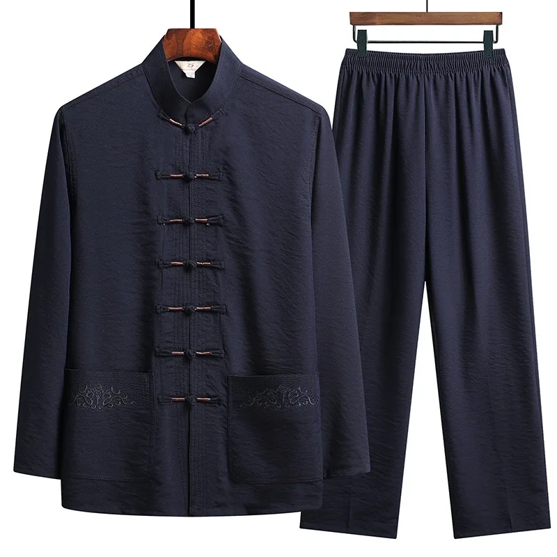 Men Chinese Tang Suit 2 Piece Set Stand Collar Frog Button Long Sleeve Shirt and Pants Breathable Tai Chi Casual Outfit