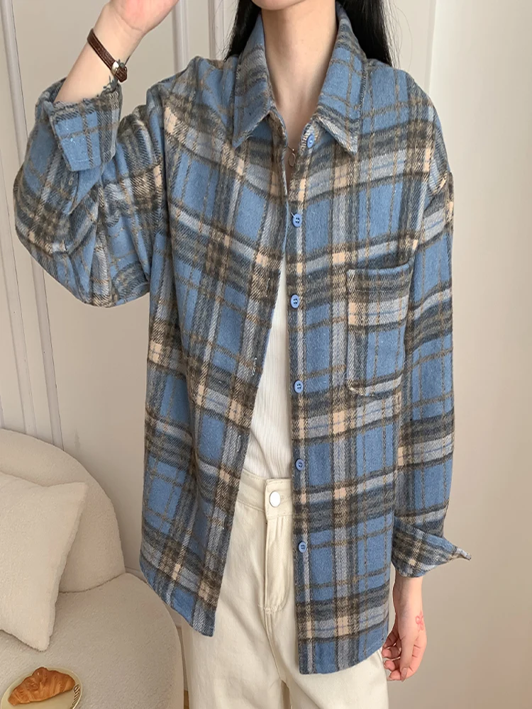 새로운 패션 가을 겨울 캐주얼 루즈 긴 소매 여성 체크 셔츠, 빈티지 여성 스트리트웨어 코트, 여성 의류, 시크 탑스