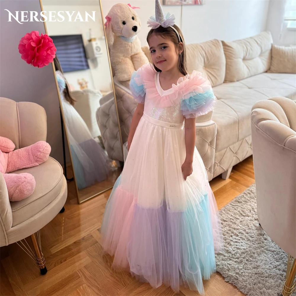 Nersesyan Colorful Glitter Flower Girl Dresses For Wedding A-Line Sequins Ruched Birthday Party Gowns Tulle Occasional Children