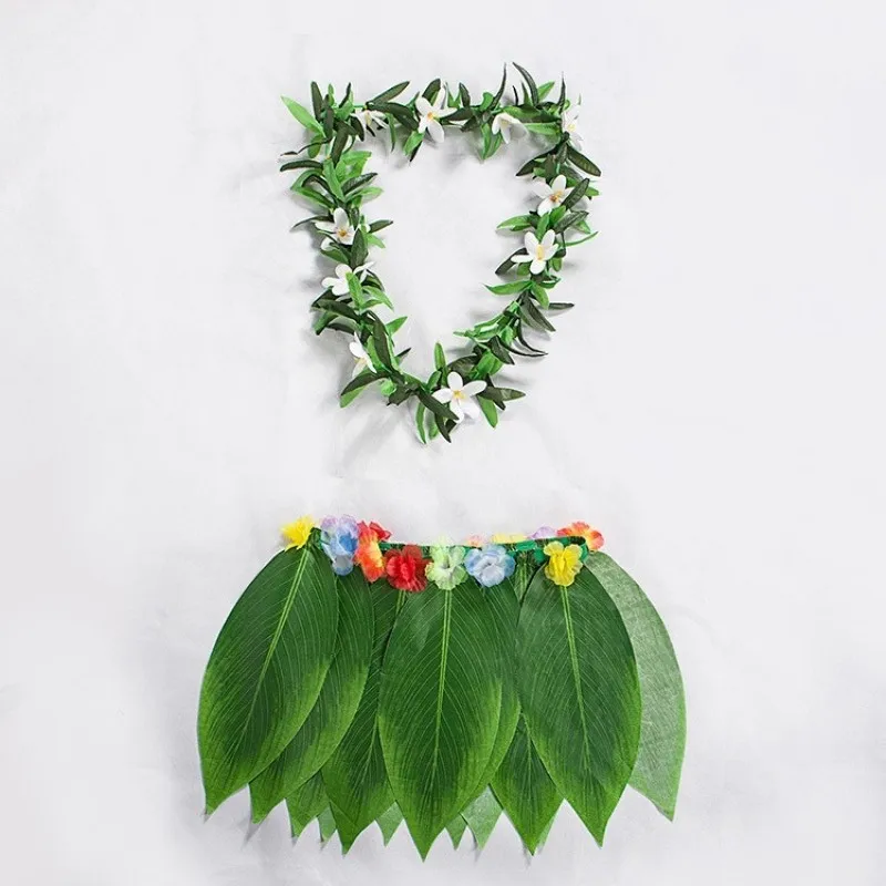 Ti Leaf Skirt Hawaiian Hula Grass Skirt with Flower Leis for Women,Girls,Men,Luau Party Dress Outfits