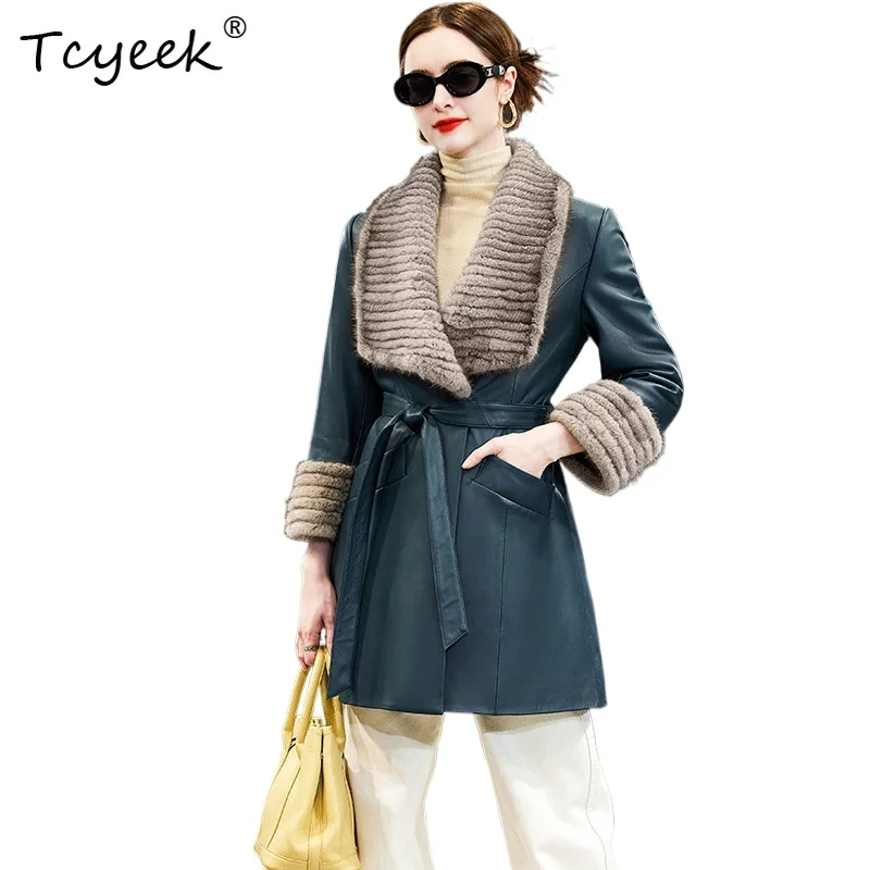 

Tcyeek Осенне-зимний модный костюм из овчины высокого класса с норковым воротником средней длины, женская куртка из натуральной кожи Jaqueta Couro