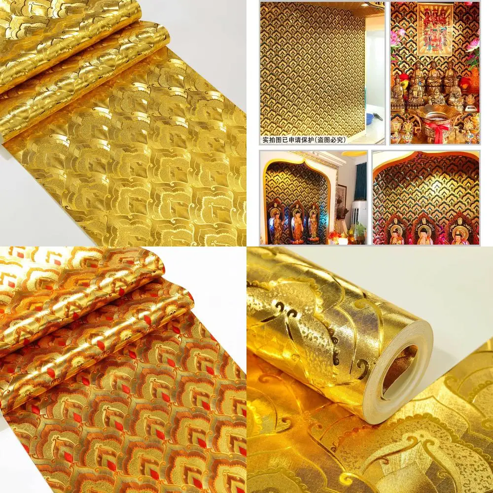 Gold Foil Wallpaper Temple Reflective Golden Yellow Clouds Living Room KTV Ceiling Roof Restaurant Wall Decoration