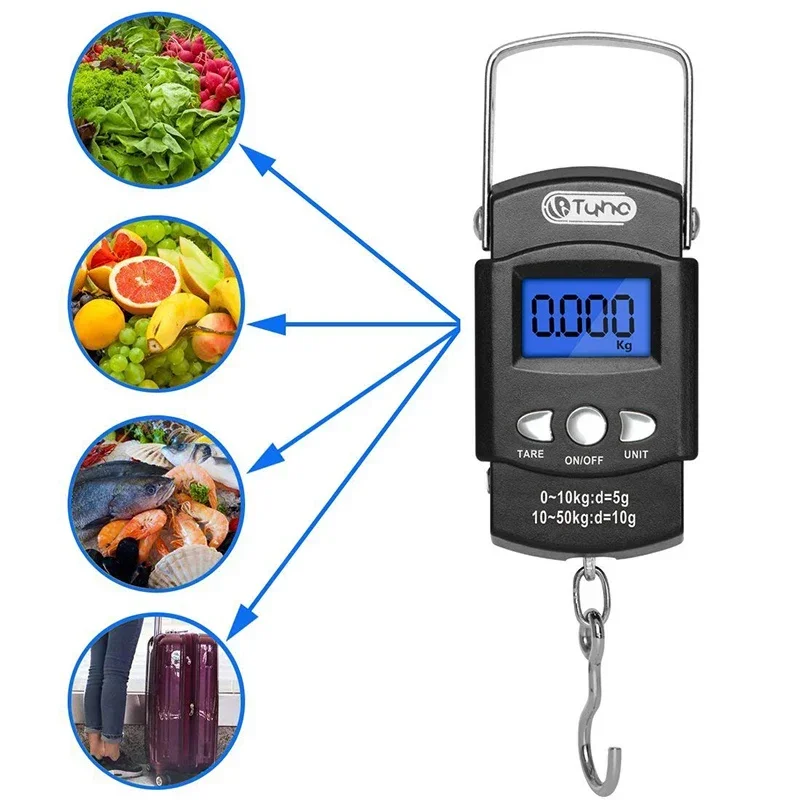 Fishing Scale 50kg Backlit LCD Screen Portable Electronic Balance Digital Fish Hook Hanging Scale with Measuring Tape Ruler