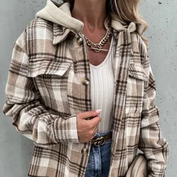 New Autumn and Winter Minimalist Hooded Loose Checkered Button Down Shirt Jacket Veste Femme  Coat Women