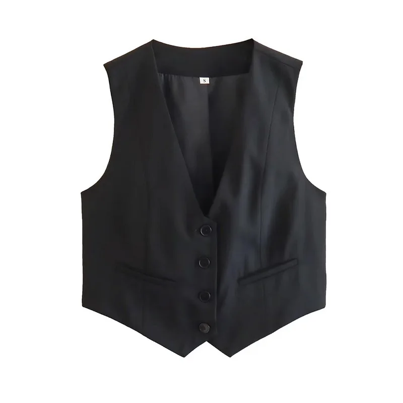 TRAF Short Women Vest Top V-Neck Sleeveless Button Lady Waistcoat New In 2024 Spring Summer Fashion Elegant Office Lady Top image 6