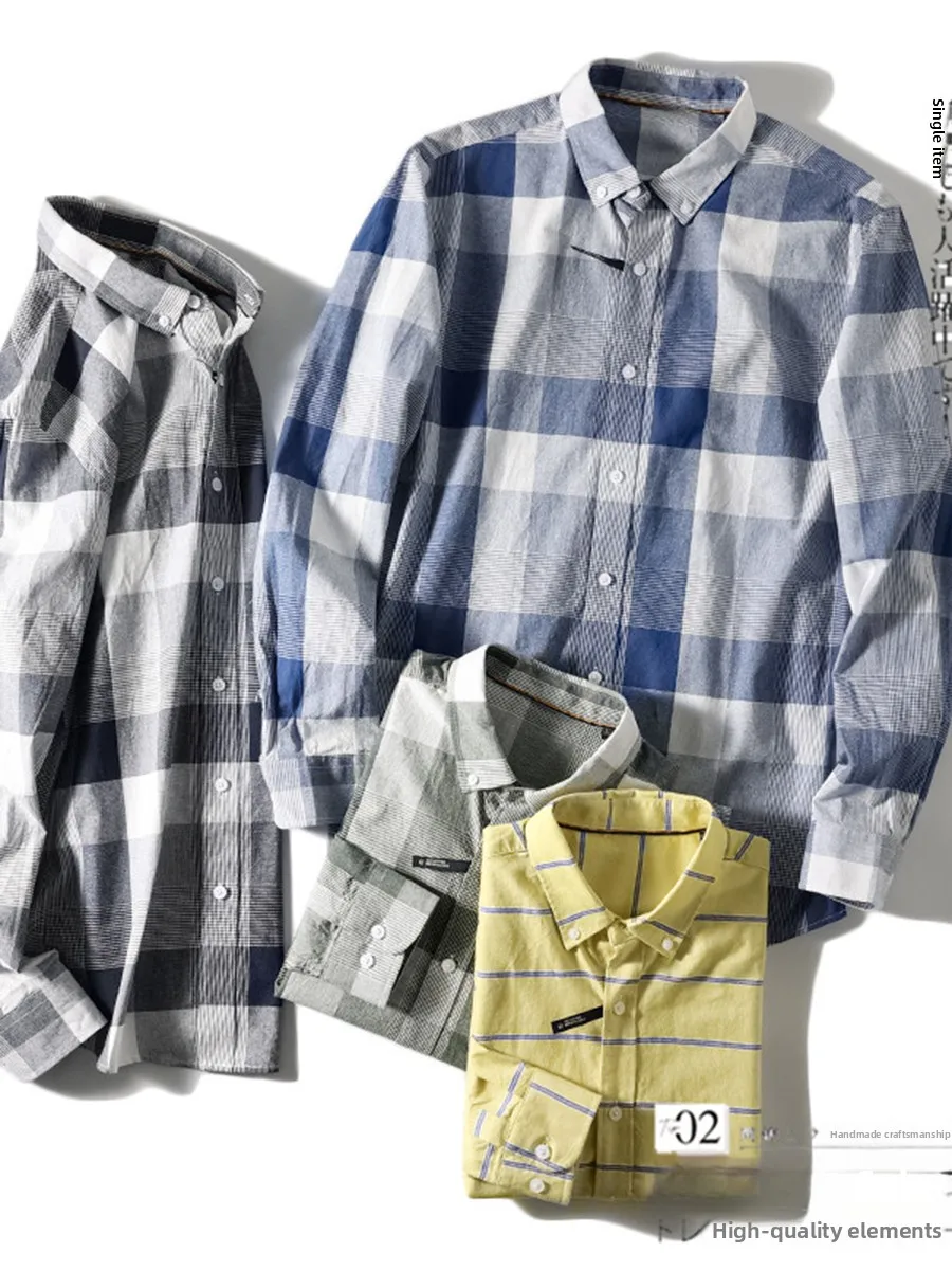 Japanese Style 100% Cotton Long Sleeve Men's Casual Plaid Shirt Spring Season Fashion Urban Standard Fit Sharp Collar