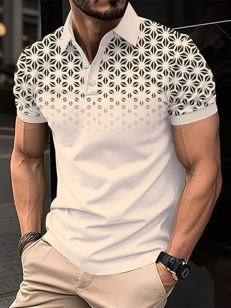 Men's summer classic solid color diamond grid print men's lapel Polo fashionable and comfortable