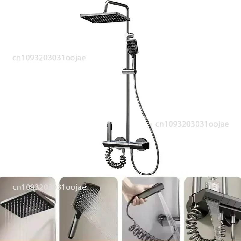 Bathroom Four Function Piano Key Digital Display Shower Set Wall Mount Rainfall Pressurized Hot Cold Water Shower Faucet System