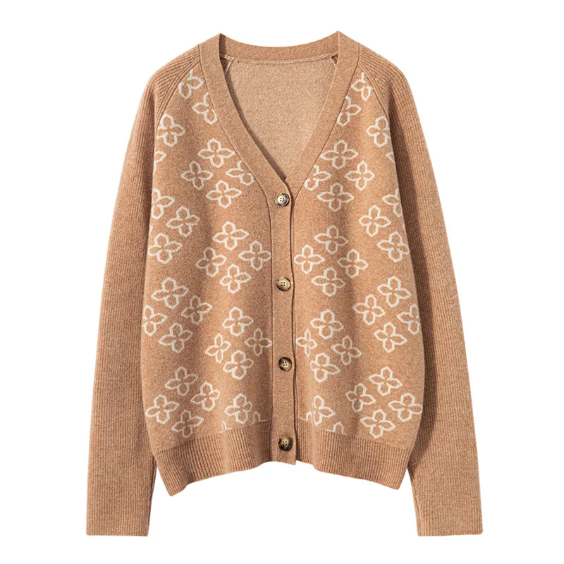 

Autumn Winter New 100% Pure Wool Elegant Sweater Jacket Women's V-Neck Clover Jacquard Loose And Fashionable Commuting Cardigan