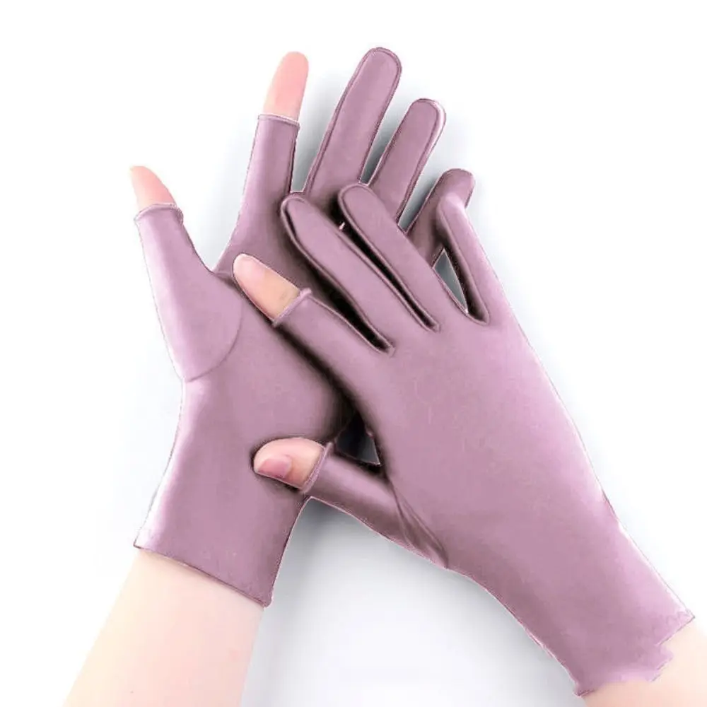 1 Pair Spandex Women Sun Protection Gloves Ice Silk Anti-ultraviolet Thin Ice Silk Gloves Semi-finger Solid Color