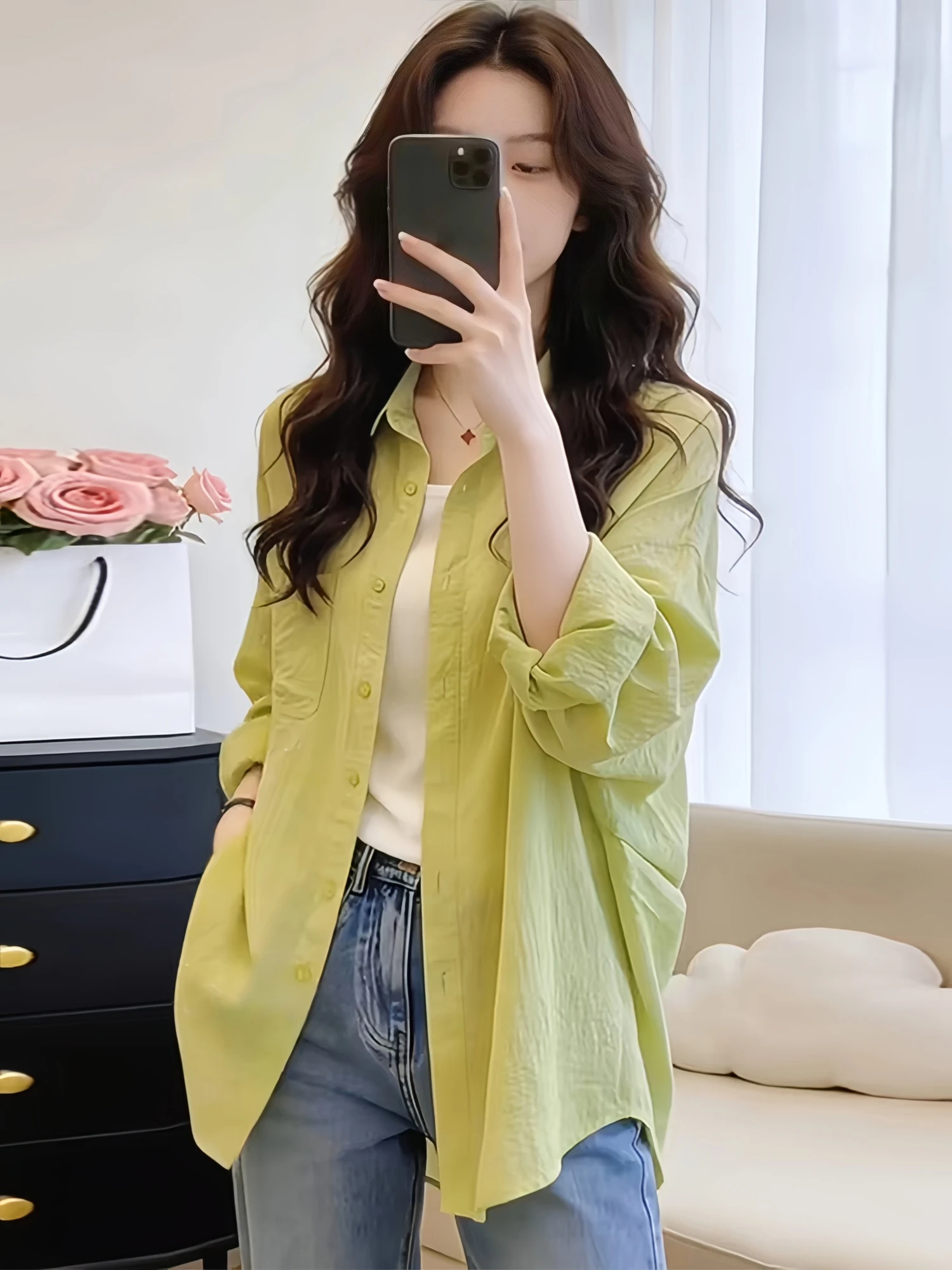 

Light Green Collar Loose Long Sleeve Shirt Women's Summer Casual Versatile Top Korean Style Dopaamine Breathable Comfort...