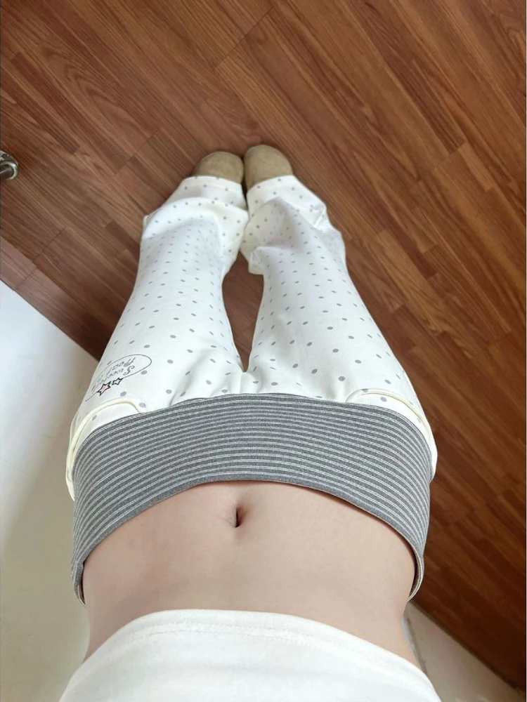 Harajuku Fashion Casual White Polka Dot Slim Trousers Women Hot Girl Striped Thin Straight Leg Pants Sweet Mopping Pants 2026