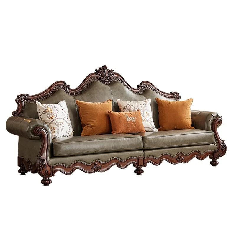 

#American Retro Solid Wood Sofa Made of Genuine Leather Material, Villa Large-sized Sofa, Soft and Comfortable