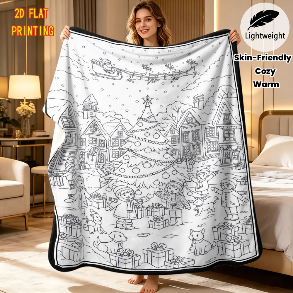 Black White Christmas Town Santa Sleigh Kids Flannel Throw Blanket, Holiday Doodle Print Soft Cozy Blanket for Sofa Couch Bed