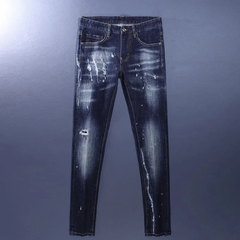 Fashionable new men's jeans, washed with water, nostalgic stretch, slim fit, deep blue jeans, high street hip-hop brand pants, h