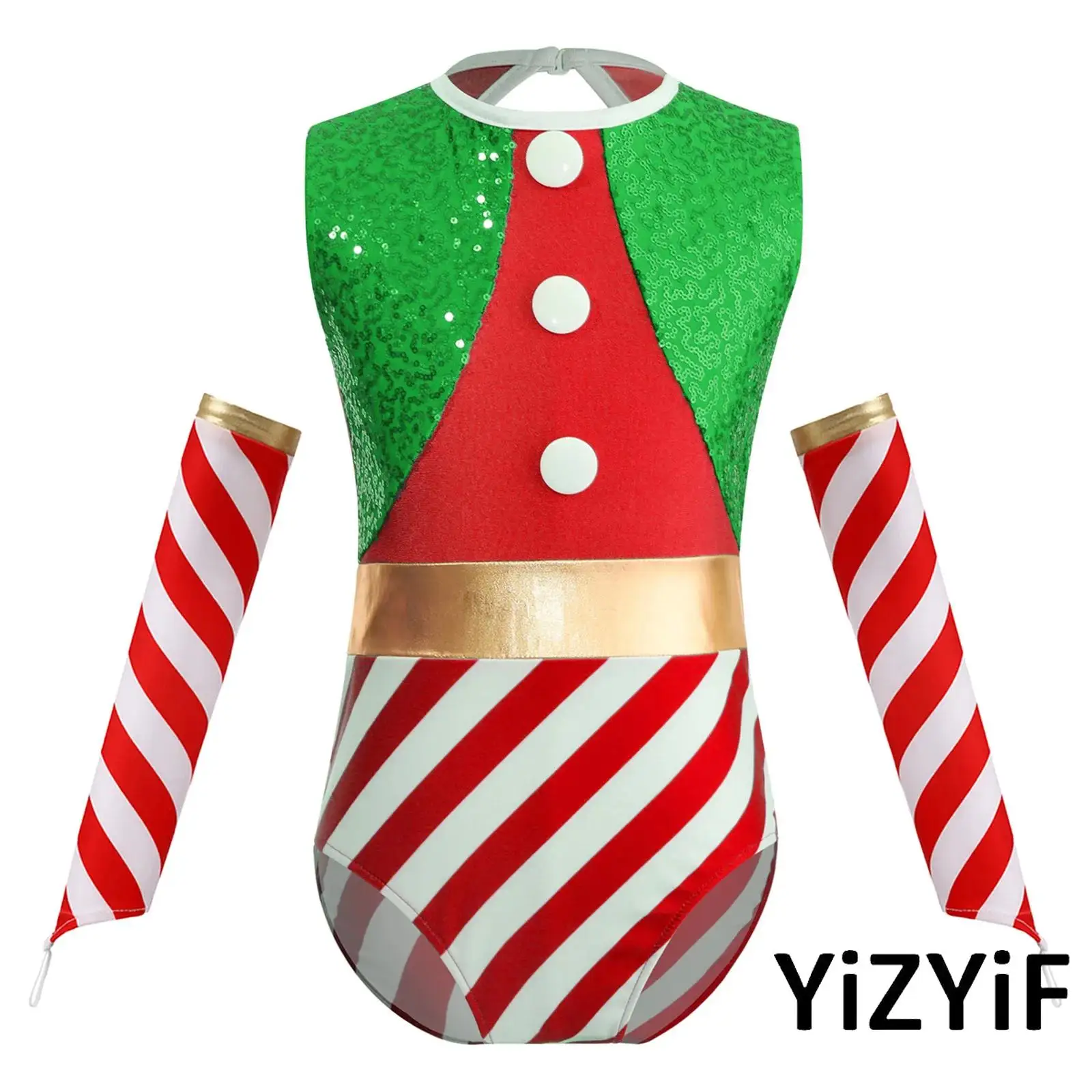 

Kids Girls Christmas Candy Cane Dress Up Costume Xmas Sleeveless Hollow Back Gymnastic Dance Jumpsuit Unitard with Oversleeves