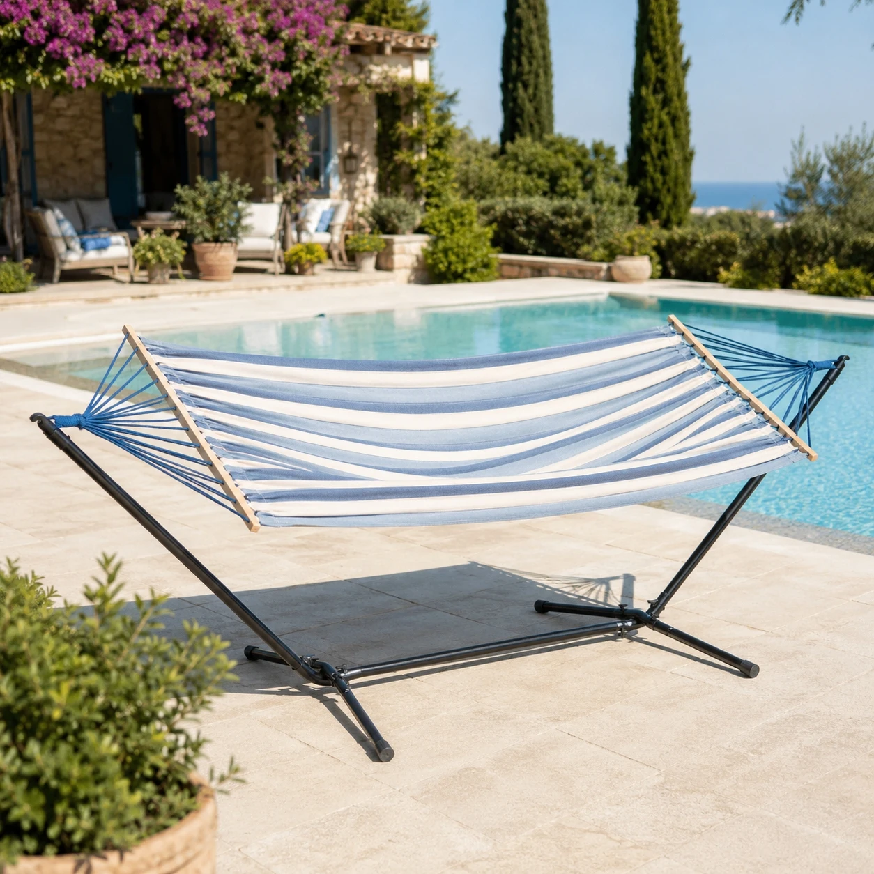 #Bulk Price 3m Blue Stripe Canvas Hammock with Detachable Steel Tube Stand for Professional Garden Furniture Wholesalers Set