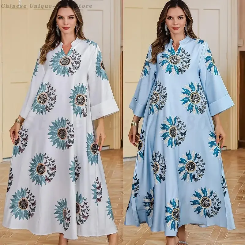 Ramadan Fashion Muslim Printed Dress Middle East Muslim Abayas Long Sleeve Robe for Women Dubai Elegant Loose Kaftans Party Gown