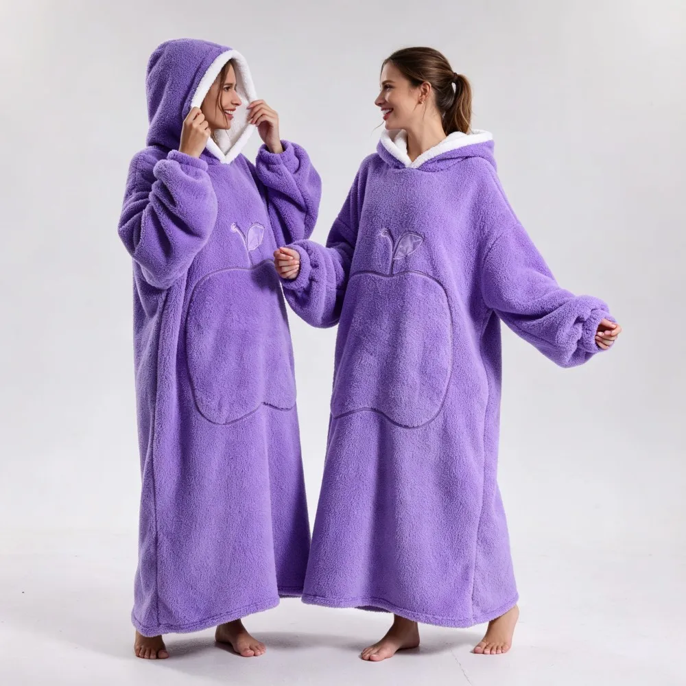 Super Long Wearable Blankets Winter Warm Flannel Hooded Blanket with Sleeves Men Women Cozy Soft Red Adult TV Blanket Pajamas