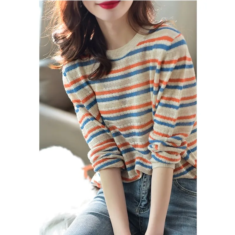 Fashion thin hollow color striped cashmere sweater women\'s spring and autumn loose thin wool base shirt