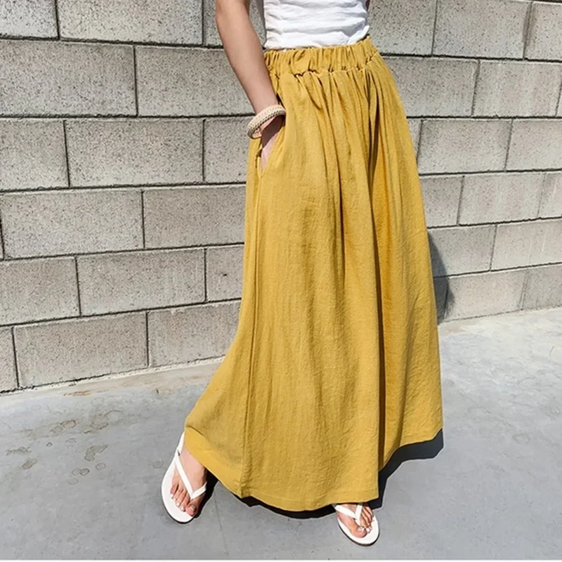 Chinese Style women cotton linen casual loose high waist wide leg pants solid color large size WOMEN'S pants 11366