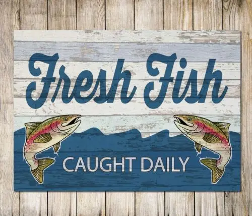 Fresh Fish Caught Daily Wood Metal Sign Restaurant Cafe Shop Decor Wall Plaque