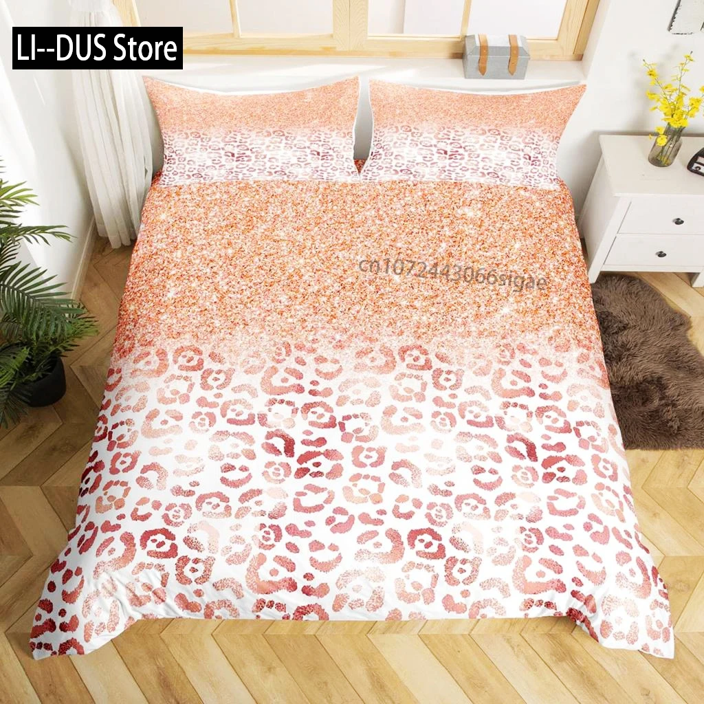 

Leopard Print Duvet Cover Set Queen Size Red Floral Petal Pattern Comforter Cover Branches Green Leaf Cheetah Print Quilt Cover