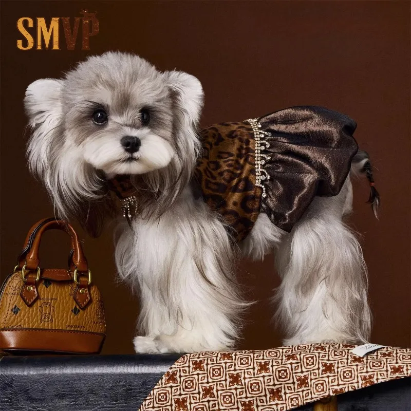 

Vintage Leopard Print Splicing and Diamond Fringe Decoration Dress Light Luxury Sweet Cool Style Pet Kitten Puppy Dress