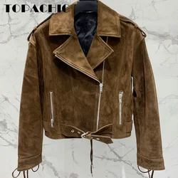 8.4 TOPACHIC Women Fashion Suede Sheepskin Hem Criss-Cross Bandage Jacket Lapel Epaulet Zipper Design Genuine Leather Outerwear