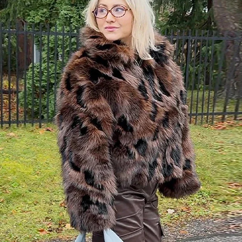 Elegant Print Warm Fur Coat Women Loose Open Stitch Long Sleeve Lapel Thicken Outwear Fashion Autumn Winter Chic Coats Lady