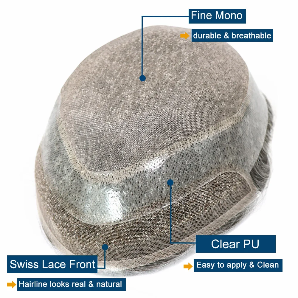 Grey Human Hair Prosthesis Toupee for Men Pu Fine Mono Lace Front Male Wig System Wave Natural Hairline Mens Hairpiece 1B60