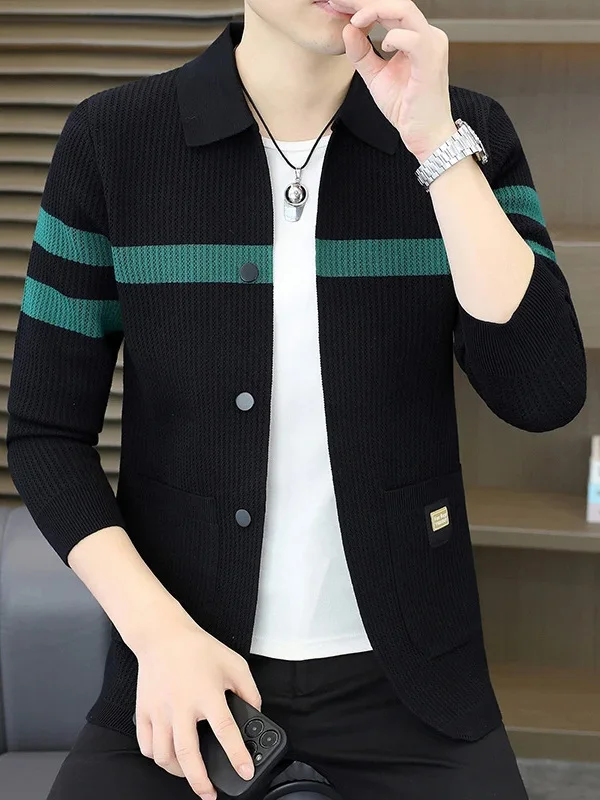 

Корейский модный мужской свитер в стиле колор-блок с длинными рукавами, вязаный кардиган с воротником, приталенный, для осеннего повседневного образа