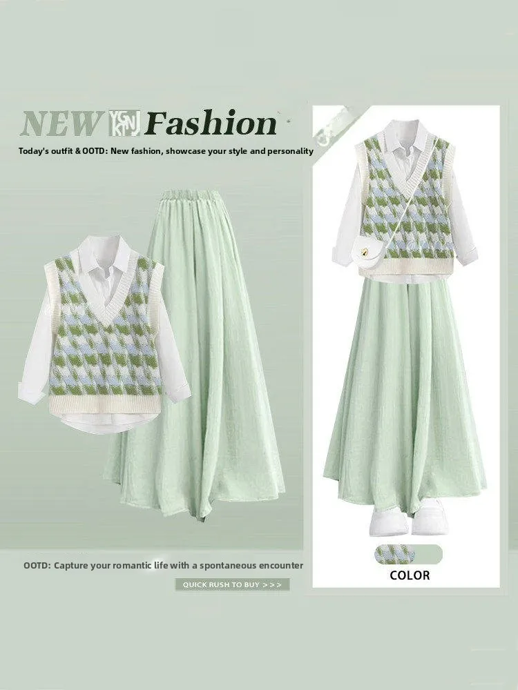 

Spring een Fre Sle Women's Knitted Vest irt Casual Pants Tee-Piece Set Preppy Plaid Pattern Faionable Outfit