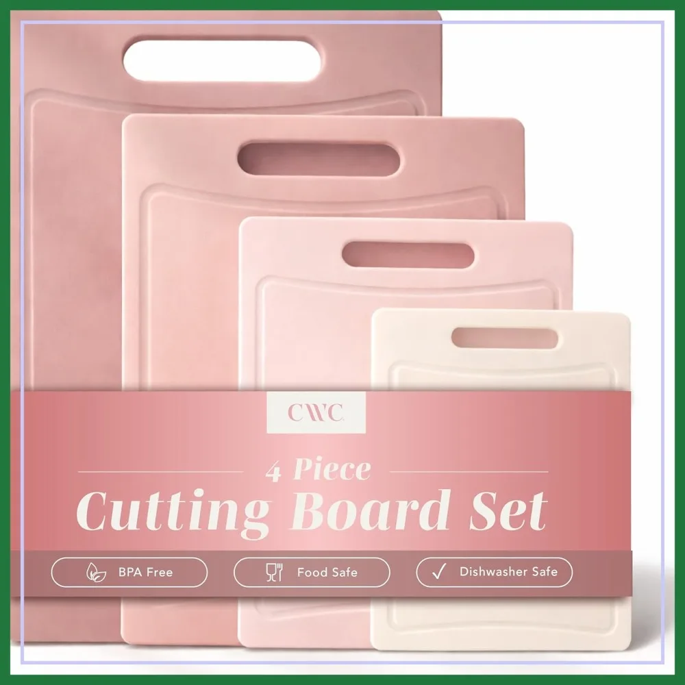 

4-Piece Non-Slip Cutting Board Set with Easy Grip Handle for Meat, Veggies, Fruits, Pink